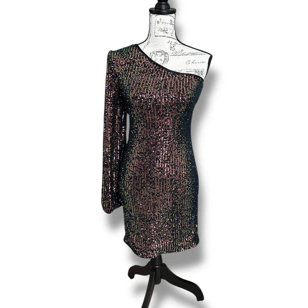 Cefian Navy Blue Sparkle Sequin One Shoulder Dress Medium NWT